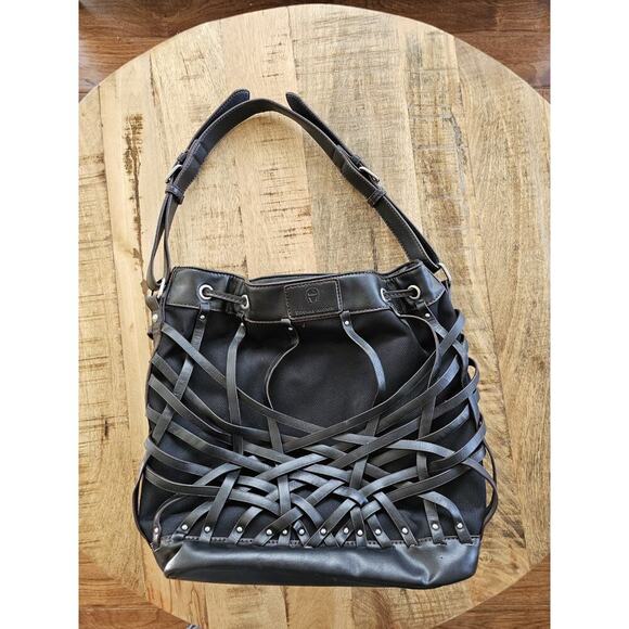 Etienne Aigner Black Vegan Leather Basket Weave Drawstring Hobo Bag Moto - Picture 8 of 11